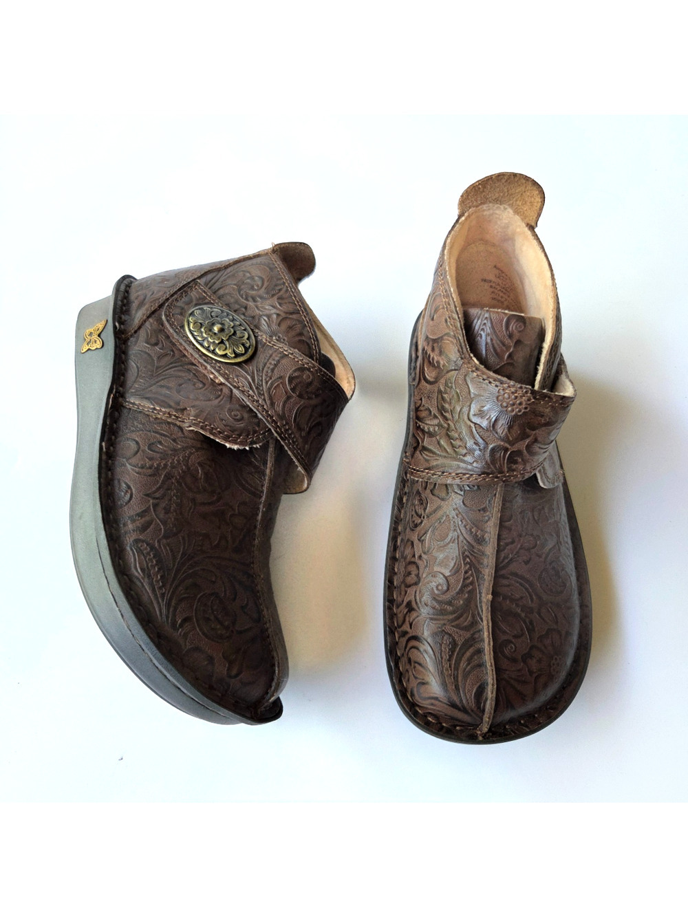 Alegria Caiti Embossed Leather Ankle Boots Size 35 US 5 5.5 Brown Boho Shearling
